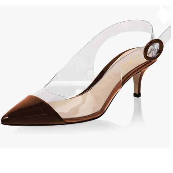 XYD Brown Transparent Slingback Kitten Heels Pumps Pointed Toe PVC Dress Sandals - Picture 1 of 8